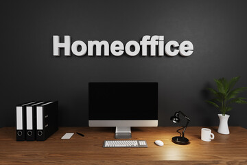 modern clean office workspace with computer screen and dark concrete wall; homeoffice lettering; hiring concept; 3D Illustration