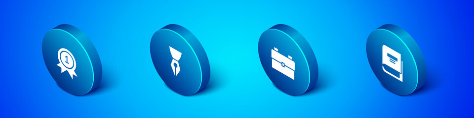Set Isometric Medal, School backpack, Book and Fountain pen nib icon. Vector.