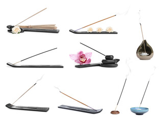 Set with aromatic incense sticks on white background - obrazy, fototapety, plakaty