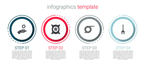 Set Hand holding flower, Pack full of seeds of plant, Garden hose or fire hose and rake. Business infographic template. Vector.