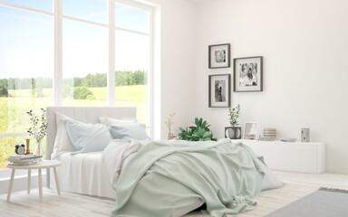 White bedroom interior. Scandinavian design. 3D illustration