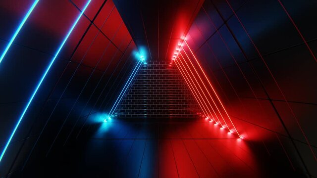 Neon Blue and Red Sci Fi Futuristic Corridor. Triangle Laser Electric Tunnel Underground. Bright live neon background. Room. 3D 4k loop Animation