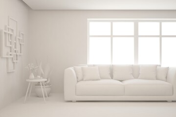 White minimalist living room with sofa. Scandinavian interior design. 3D illustration