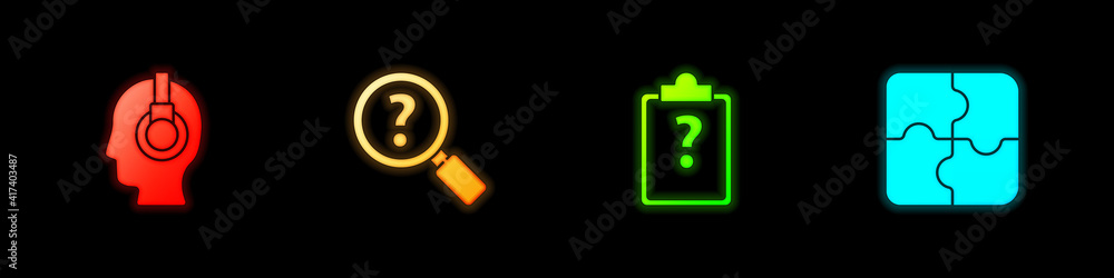 Poster set support operator in touch, unknown search, clipboard with question marks and piece of puzzle ico