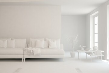 White minimalist living room with sofa. Scandinavian interior design. 3D illustration
