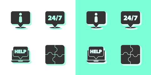 Set Piece of puzzle, Information, Laptop and help and Clock 24 hours icon. Vector.