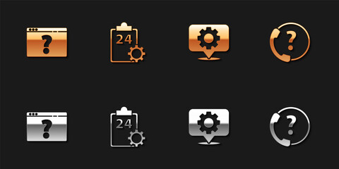 Set Browser with question mark, Checklist 24 hours service, Location gear and Telephone support icon. Vector.