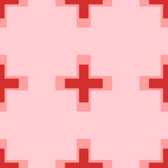 Seamless pattern of large isolated red plus symbols. The elements are evenly spaced. Vector illustration on light red background