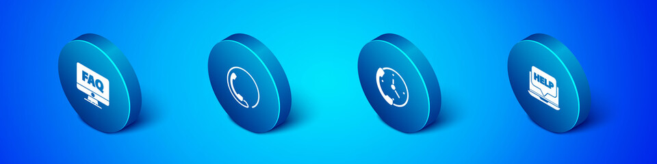 Set Isometric Computer monitor and FAQ, Telephone 24 hours support, Laptop help and icon. Vector.