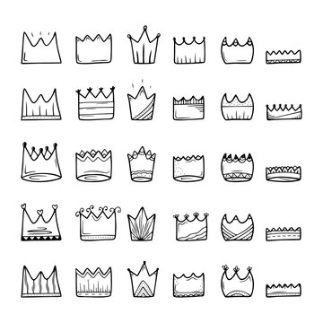 Set of hand drawn crowns isolated on a white background. Doodle, simple outline illustration. It can be used for decoration of textile, paper and other surfaces.