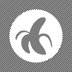 A large peeled banana symbol in the center as a hatch of black lines on a white circle. Interlaced effect. Seamless pattern with striped black and white diagonal slanted lines