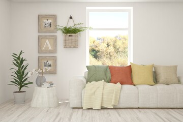 White living room with sofa. Scandinavian interior design. 3D illustration