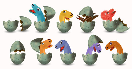 Collection Dinosaurs hatching from an egg. Dinosaurs Tyrannosaurus, Brachiosaurus, Pterodactyl, Triceratops, Stegosaurus. Vector illustration. © YustynaOlha