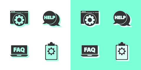 Set Checklist with 24 hours service, Browser setting, Laptop and FAQ and Speech bubble text Help icon. Vector.