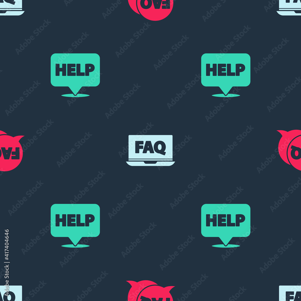 Fototapete set speech bubble with faq, laptop and and text help on seamless pattern. vector.