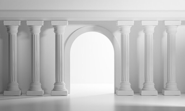 Bright Shining Door Classic Column Pillars Colonade Interior Architecture 3D Rendering