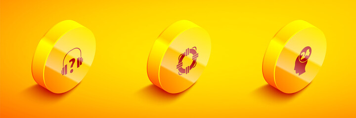 Set Isometric Headphones, Lifebuoy and Support operator in touch icon. Vector.