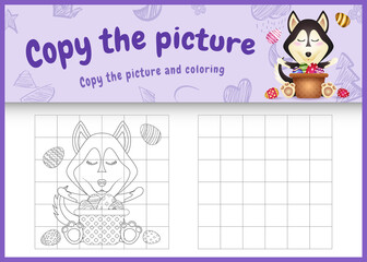 copy the picture kids game and coloring page themed easter with a cute husky dog and bucket egg