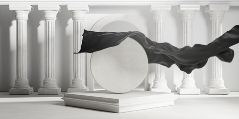 Unveil Black Cloth Cover From Round Stone Classic Colums Pillars. Empty Space Mockup Template 3D Rendering - 417404817