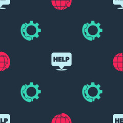 Set Telephone 24 hours support, Speech bubble with text Help and on seamless pattern. Vector.