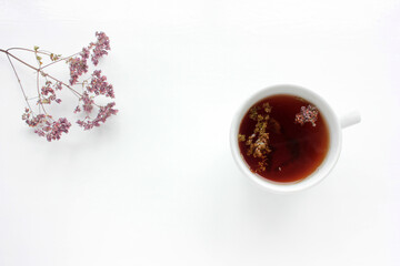 Cup of herbal oregano tea with dry marjoram flowers on white table background with copy space. Top view. Flat lay composition