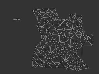 Angola Map Point scales on black background. Wire frame polygonal network white line, dot and shadow dot.