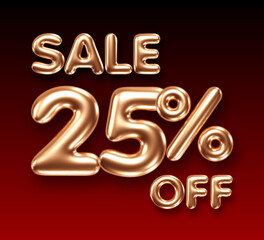 3d golden 25 percent discount sign on dark red background. Sale banner template