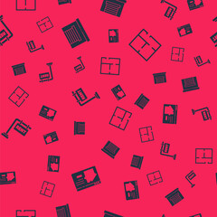 Set Online real estate house, Garage, Hanging sign with Rent and House plan on seamless pattern. Vector.