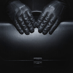 Black leather gloves. Briefcase in black leather. Business style. - obrazy, fototapety, plakaty
