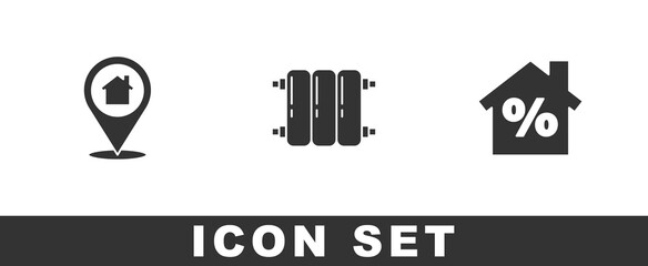 Set Location with house, Heating radiator and House percant discount icon. Vector.