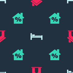 Set House, Bed and with percant discount on seamless pattern. Vector.