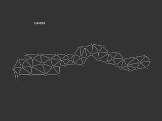 Gambia Map Point scales on black background. Wire frame polygonal network white line, dot and shadow dot.