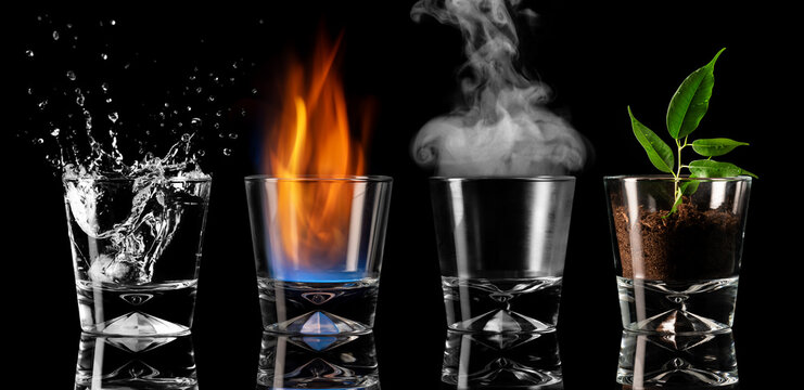 four symbols of the elements in glasses, earth, water, air, fire