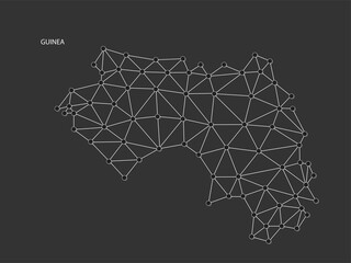 Guinea Map Point scales on black background. Wire frame polygonal network white line, dot and shadow dot.