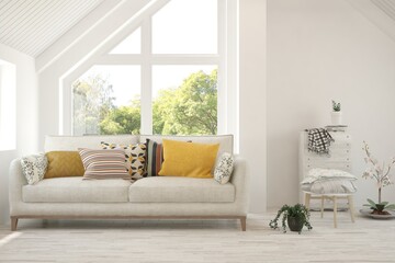 White living room with sofa and summer landscape in window. Scandinavian interior design. 3D illustration