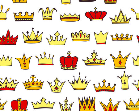 Doodle crowns seamless pattern. Hand drawn cartoon background. Cute baby, kids design for childrens room, posters, fabric. Vector illustration.