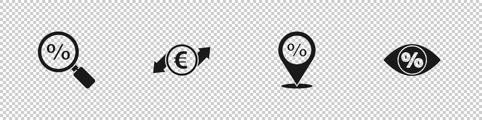 Set Magnifying glass with percent, Financial growth and euro coin, Location discount and Eye icon. Vector.