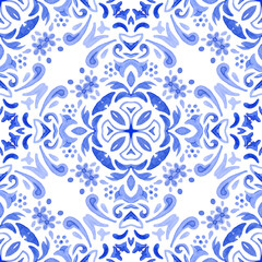 Abstract blue and white hand drawn tile seamless abstract textured damask ornamental watercolor paint pattern.