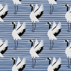 Cartoon japanese seamless pattern with cartoon crane birds silhouettes. Blue striped background. Childish print.