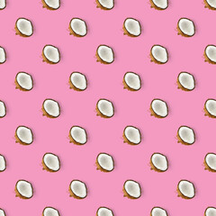 coconut Seamless pattern. Tropical abstract background with isolated Coconut on pink background. flat lay.