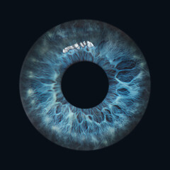 real blue eye iris isolated on black background