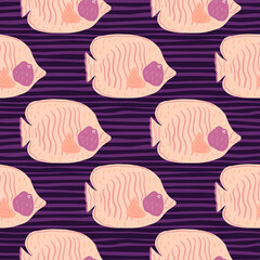 Bright seamless pattern with light pink colored butterfly fish ornament. Purple striped background.