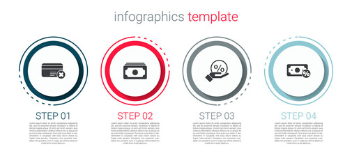 Set Credit card remove, Stacks paper money cash, Discount percent tag and Money. Business infographic template. Vector.