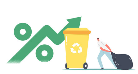 Male Character Carry Bag Trash to Litter Bin with Recycle Sign and Huge Green Arrow with Percent Symbol. Stop Pollution