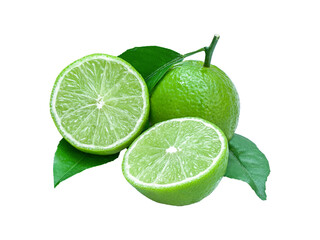 isolated green lemons with half cut and leaves a sour fruit ingredient for healthy food and juice or beverage by closeup texture of limes with clipping path on white background