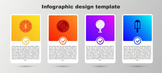 Set Casino chips, Vinyl disk, Golf ball on tee and Ice cream. Business infographic template. Vector.