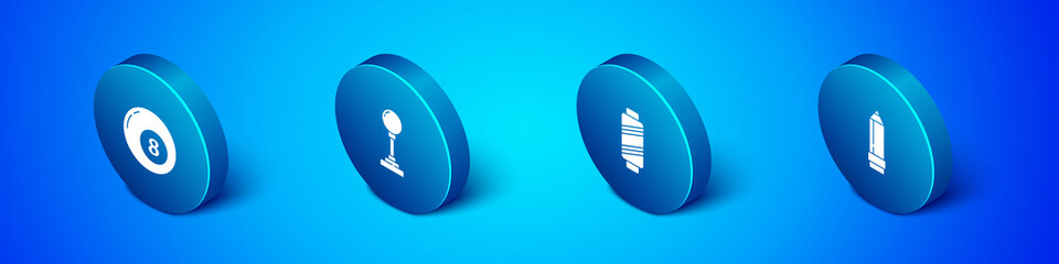 Set Isometric Billiard pool snooker ball, Sewing thread on spool, Pencil with eraser and Joystick for arcade machine icon. Vector.