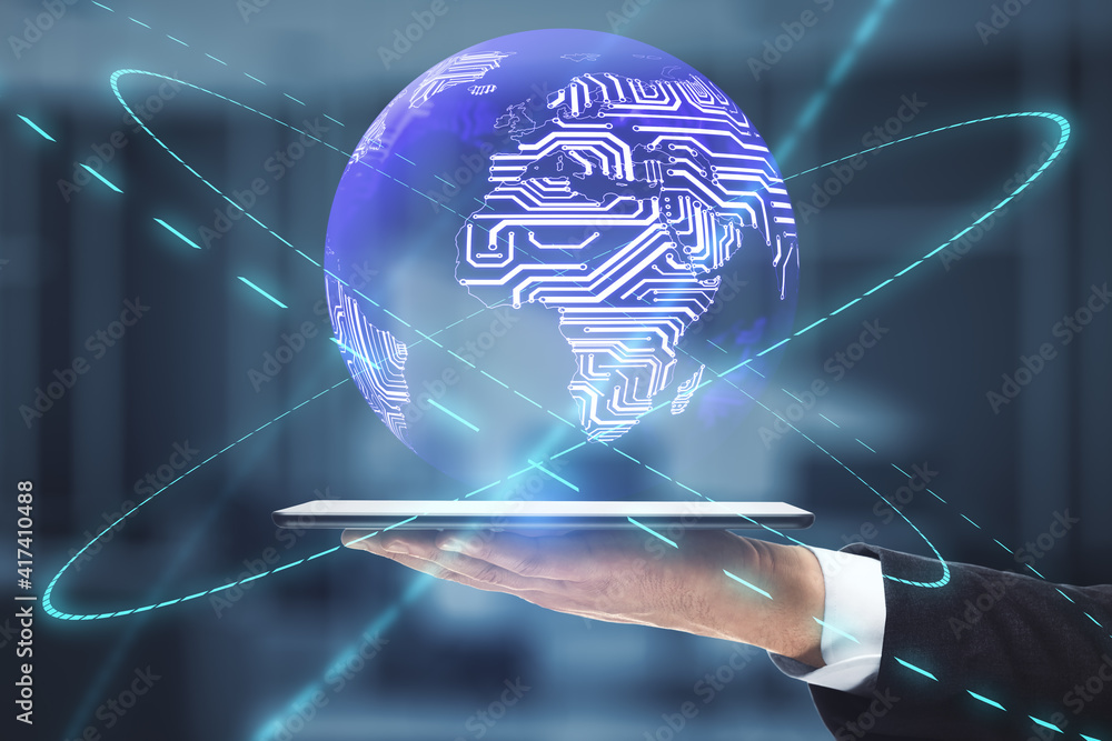 Poster Global network connection and big data concept with earth planet and world map scheme above man hand with digital tablet