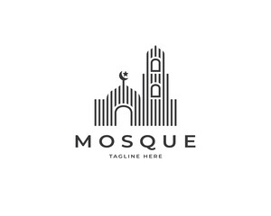 Line art mosque logo design vector. Minimalist Islamic mosque building logo design