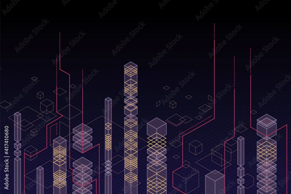 Aufkleber digital colorful geometric figures as skyscrapers silhouette at abstract dark background